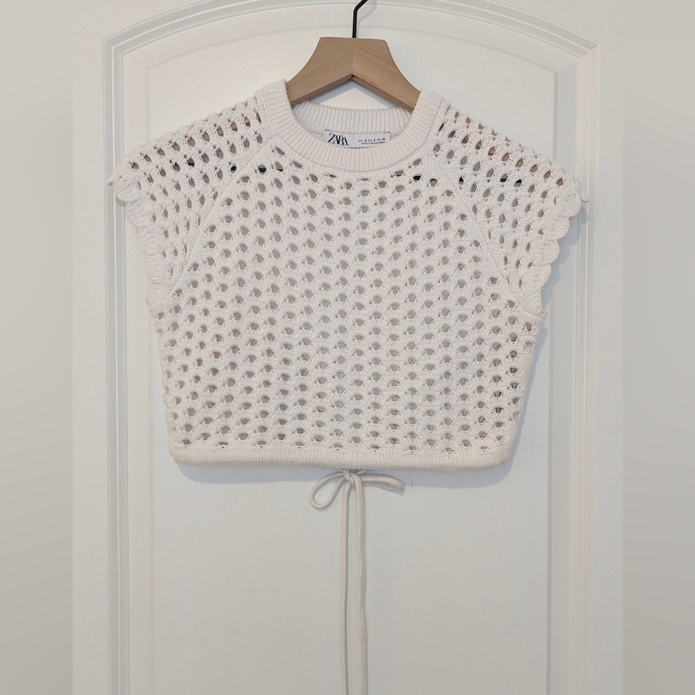 ZARA White Crochet Cap Sleeve Crop Top With Drawstring Size Small NWOT